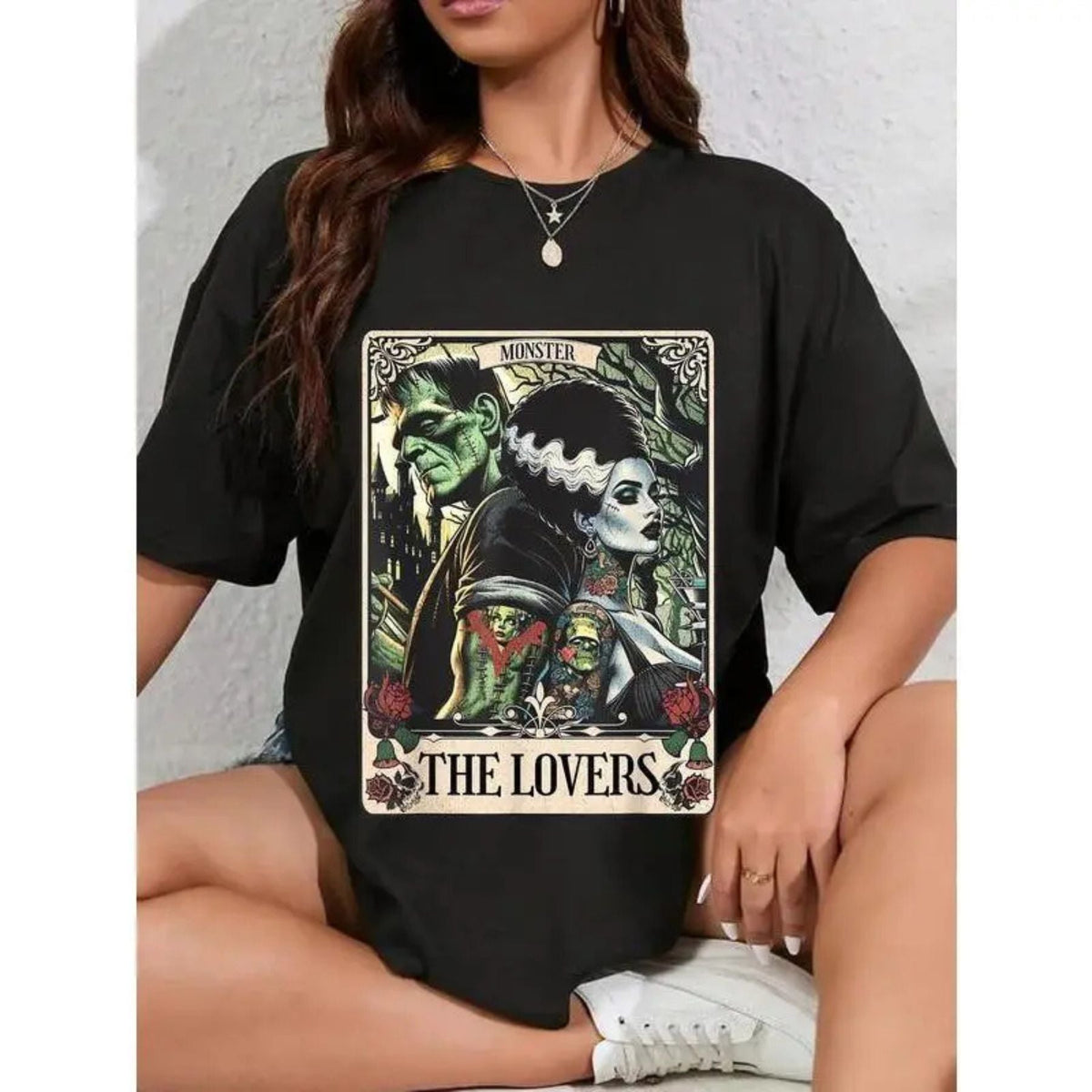 Frankenstein & Bride The Lovers Tarot T-Shirt - Gothic Horror Tee, Occult Fan Apparel