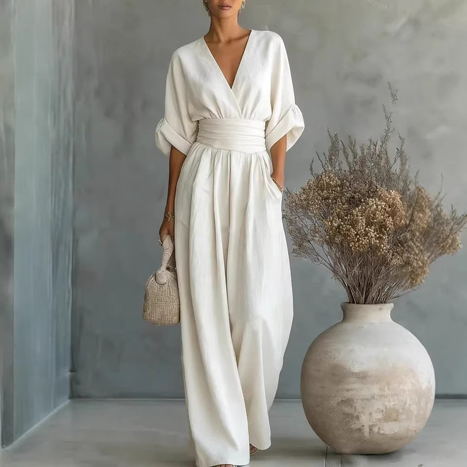Waist-cinching V-neck Elegant Womens Jumpsuit