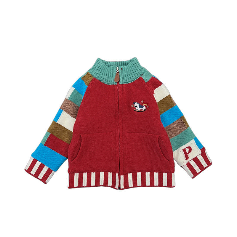 Knitted Contrasting-Color Red Sweater Pants And Hat New Year Three-Piece Set