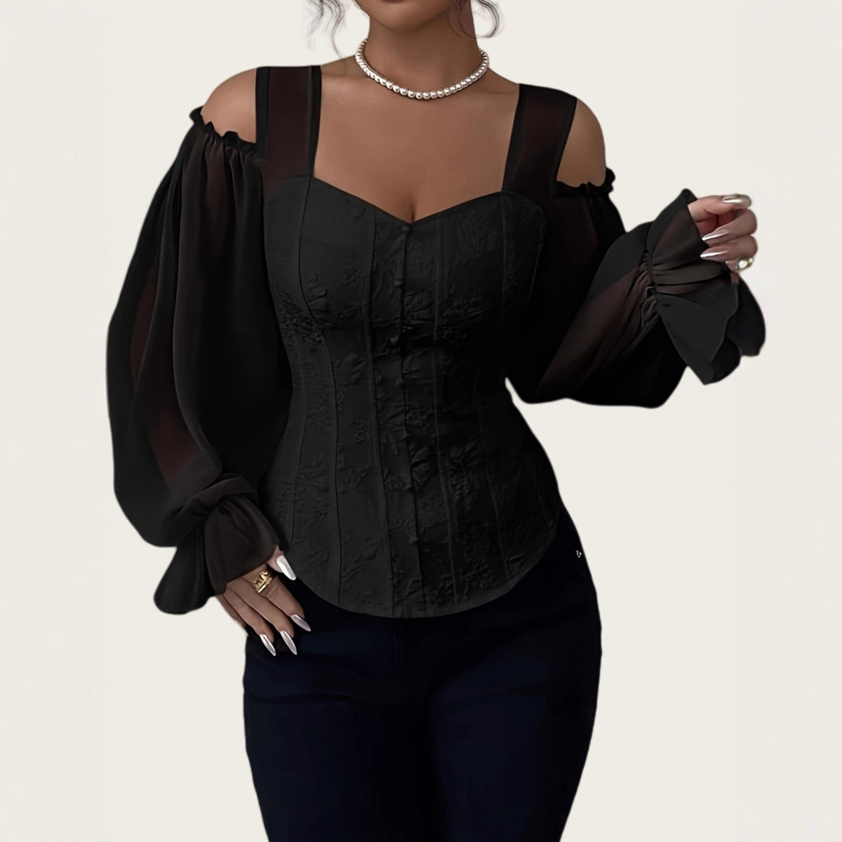 Elegant Off-Shoulder Floral Jacquard Blouse For Women