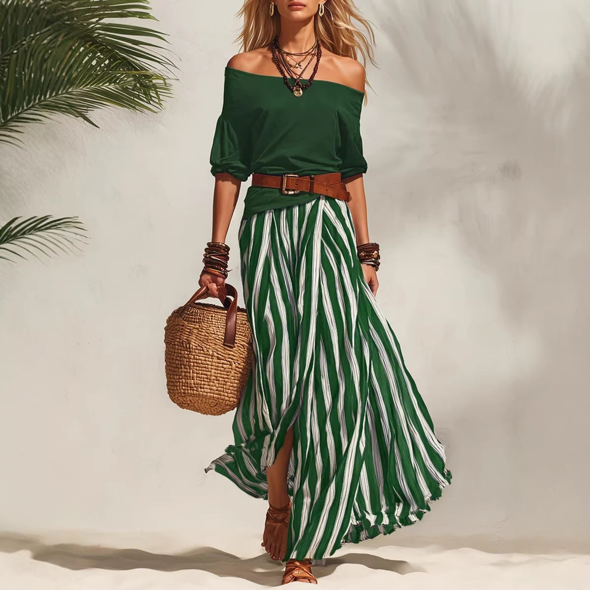 Women's Off-Shoulder Top & Slit Maxi Skirt Set