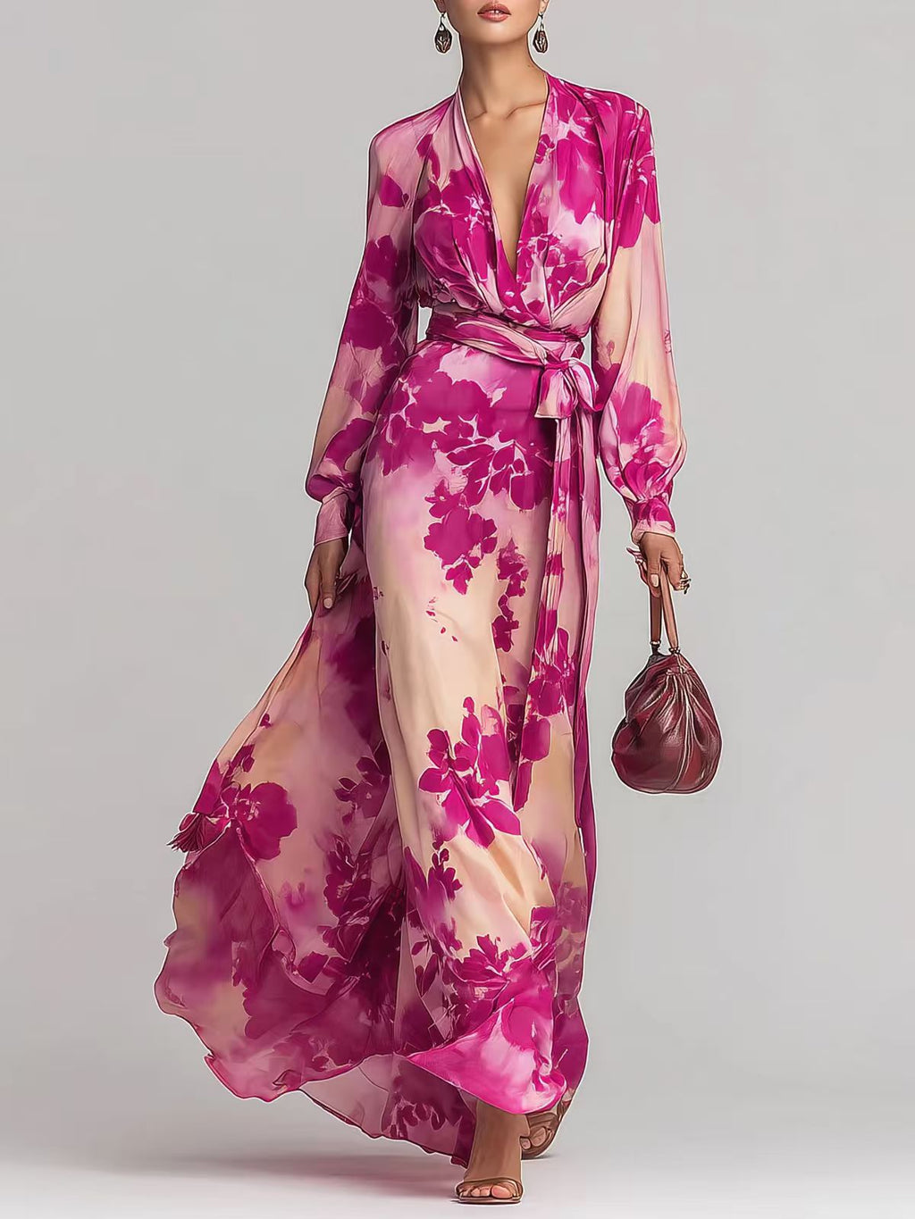Women's Printed Chiffon Long Sleeve V-Neck Tie-Up Maxi Dress — Floral Fairy Dress