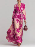 Women's Printed Chiffon Long Sleeve V-Neck Tie-Up Maxi Dress — Floral Fairy Dress