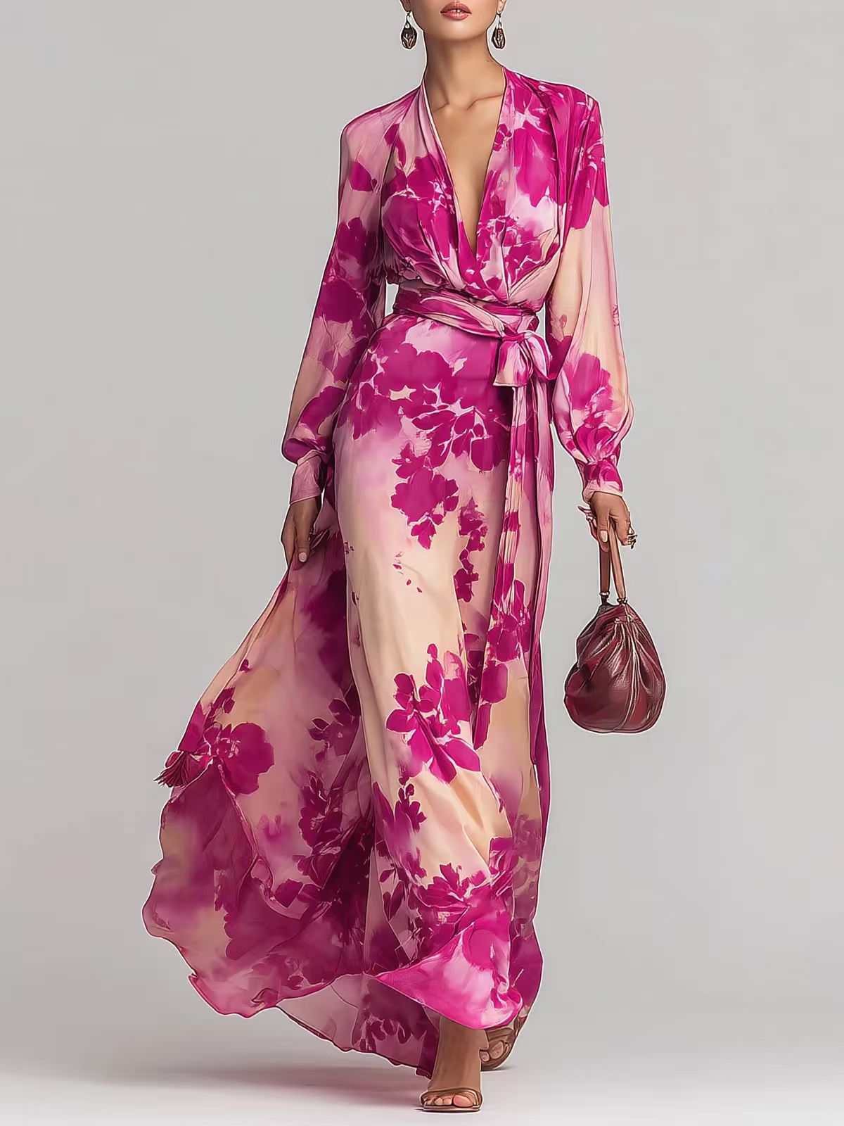 Women's Printed Chiffon Long Sleeve V-Neck Tie-Up Maxi Dress — Floral Fairy Dress