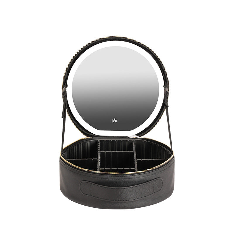 Round Makeup Bag with Mirror and LED Light (Large Capacity)