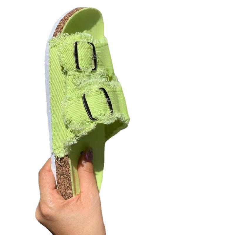 Casual Solid Canvas Buckle Denim Flat Slippers