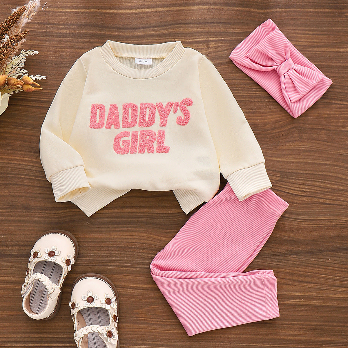 Cute Letter Print Sweatshirt And Pants Set With Bow Hairband For Little Girls