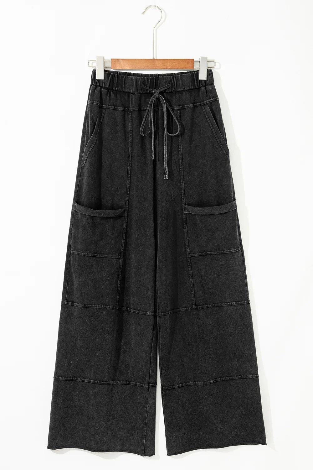 Black Mineral Wash Exposed Seam Wide Leg Cargo Pants