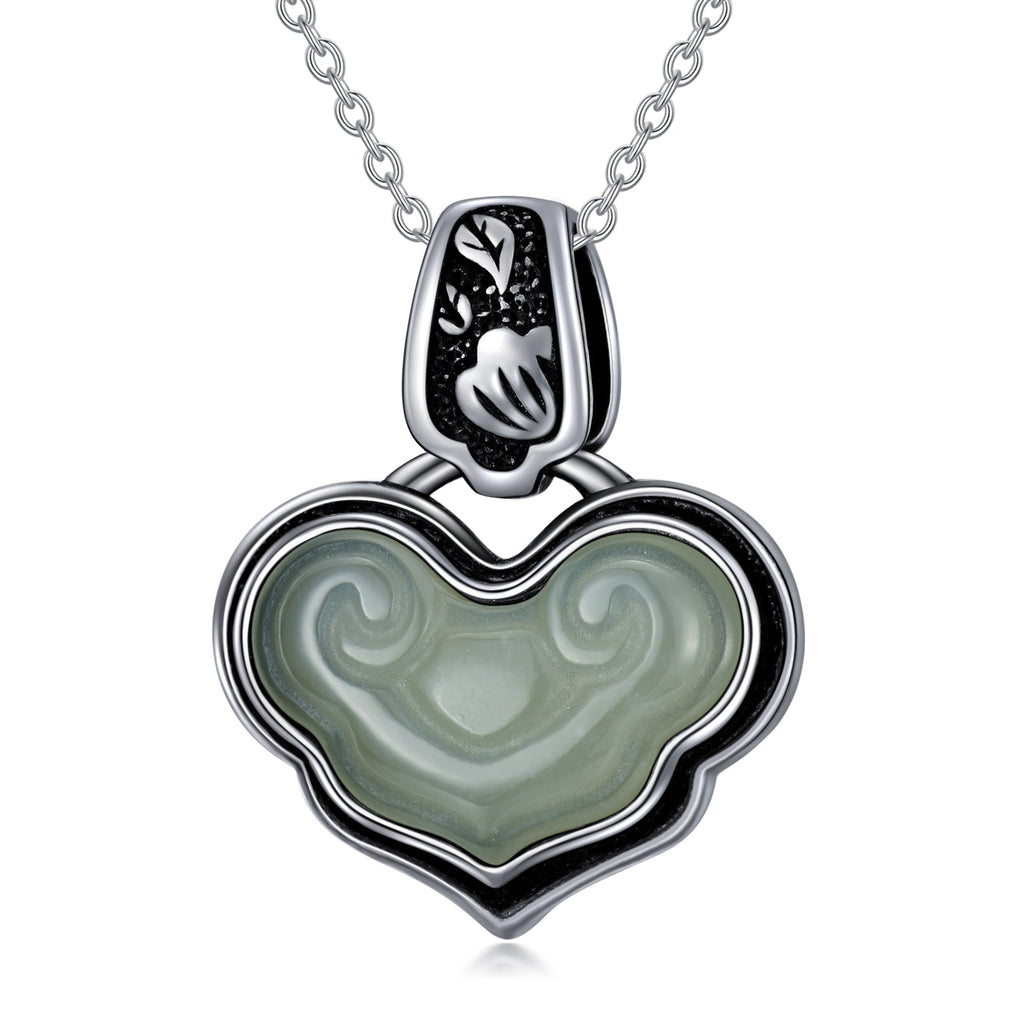 Vintage Heart Jade Pendant Necklace Sterling Silver Boho Antique Necklace Jewelry Gifts for Women Girls Wife Girlfriend Lover Her