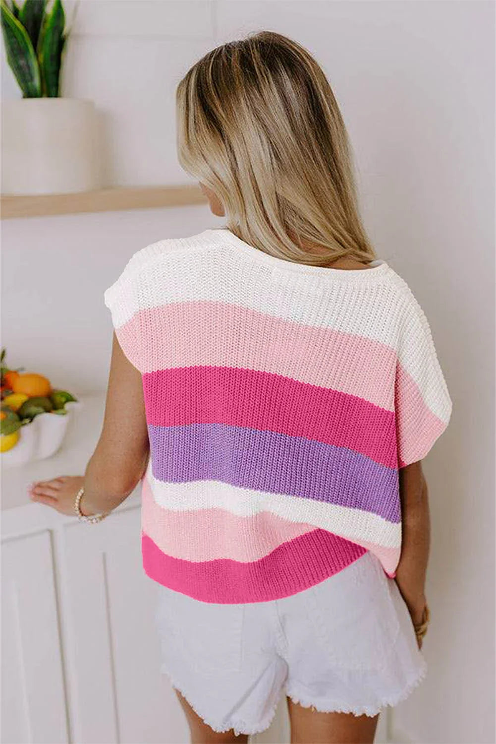 Multicolour Colorblock Notch V Neck Knit T Shirt