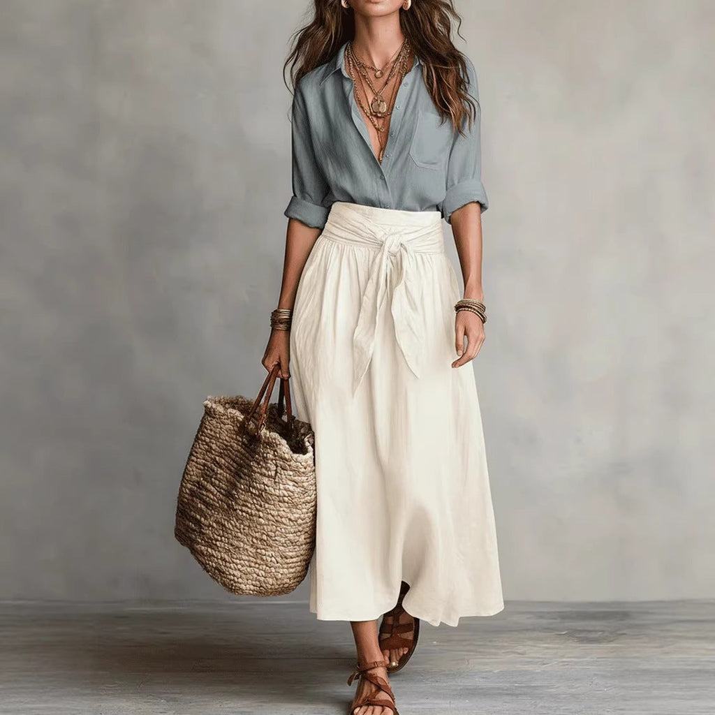 Button-Down Shirt & Straight Skirt Two-Piece Set