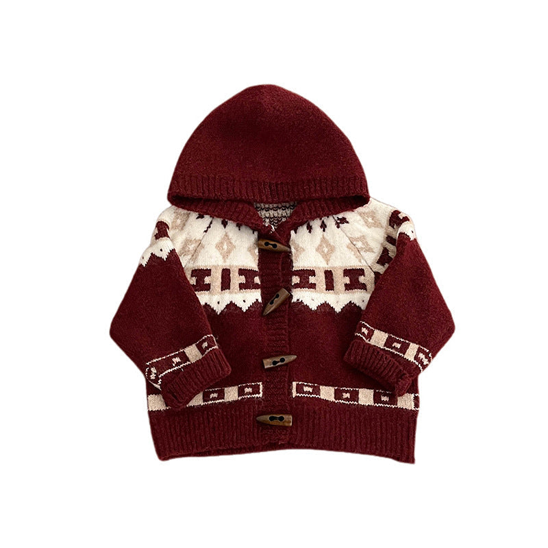 Retro Red Thickened Hooded Knitted Cardigan