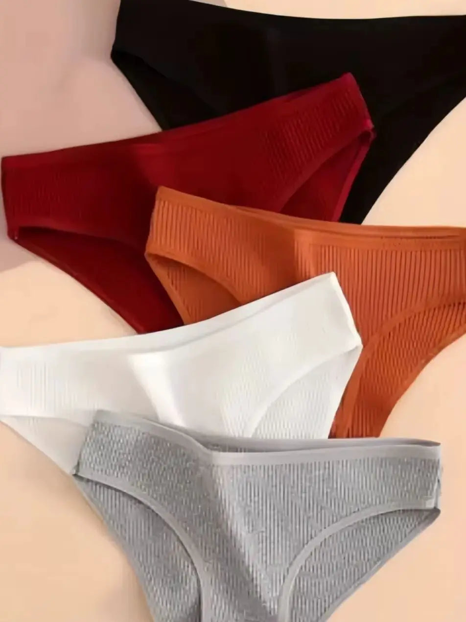 5pcs Solid Ribbed Briefs, Comfy & Breathable Stretchy Intimates Panties, Women's Lingerie & Underwear