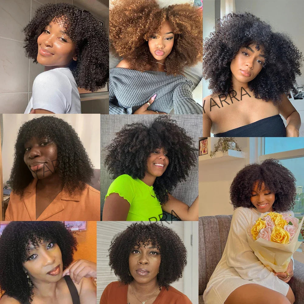 Afro Kinky Curly Human Hair Wig With Bangs For Black Women 180% Density Glueless Brazilian Remy Full Machine Made Hair Yarra