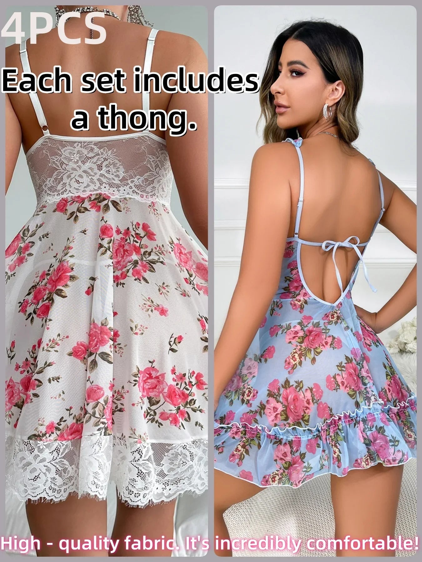 Elegant Two-Piece Sleepwear Set – Soft Lace V-Neck, Floral Print, Breathable Fabric, Sexy Lingerie for Bed, Beach, Party