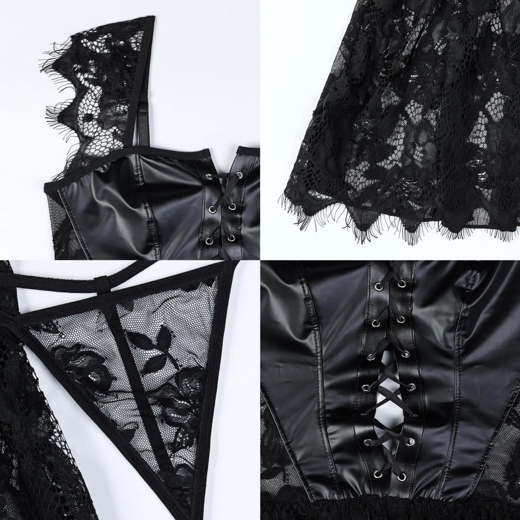 Sexy Lingerie for Women Sheer PU Leather Lace Lingerie Set Women's Lingerie Babydoll Lingerie Black Pajamas
