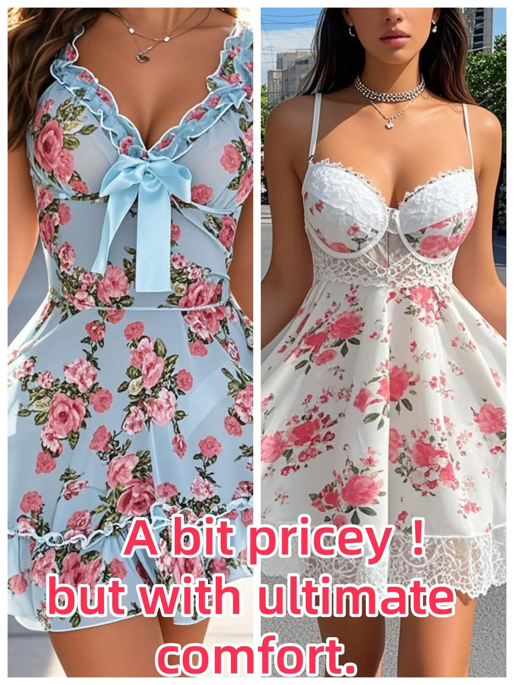 Elegant Two-Piece Sleepwear Set – Soft Lace V-Neck, Floral Print, Breathable Fabric, Sexy Lingerie for Bed, Beach, Party