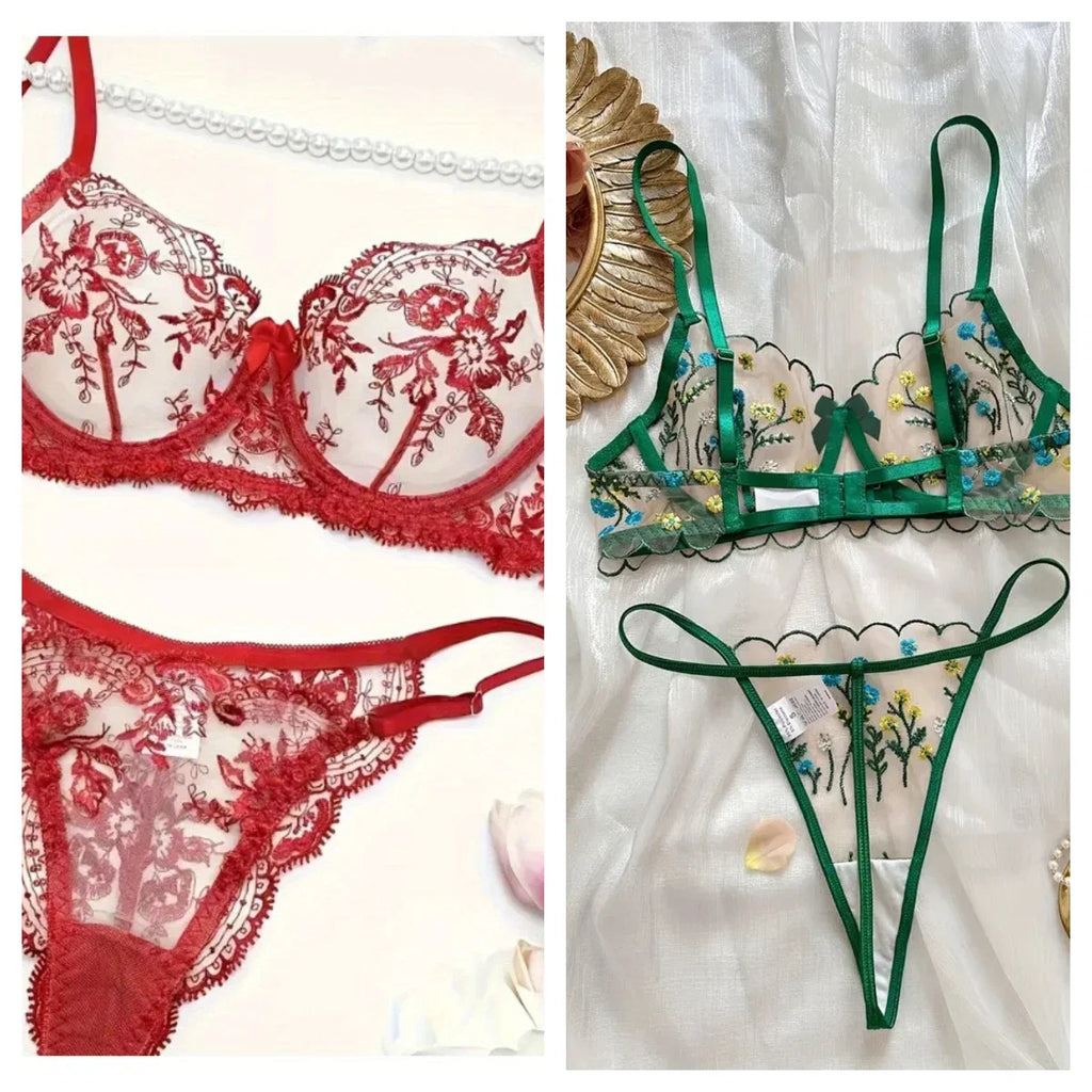 2-piece sexy lingerie set for women: red and green temptation, thong. Green lingerie set, very pleasant