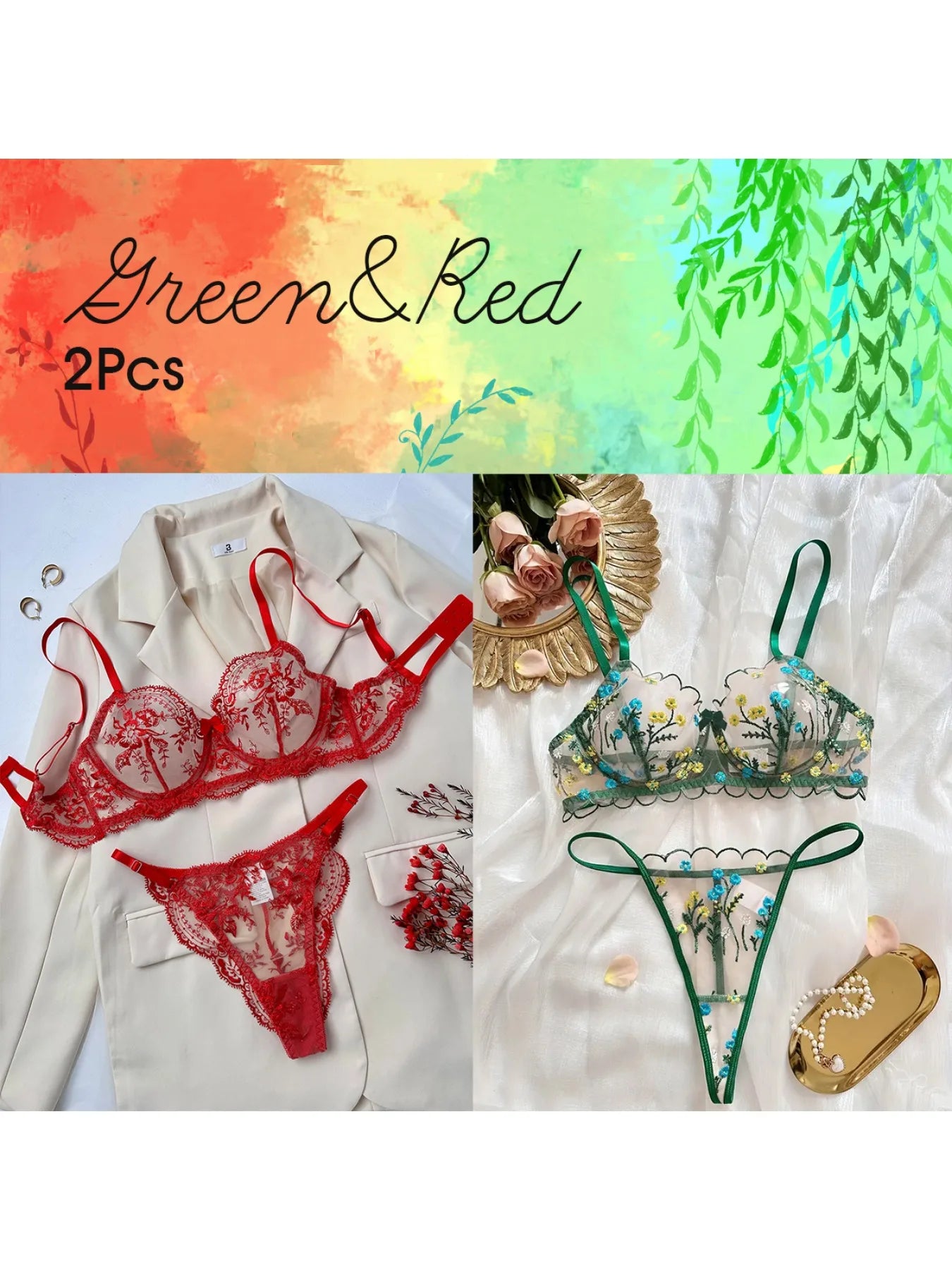 2-piece sexy lingerie set for women: red and green temptation, thong. Green lingerie set, very pleasant