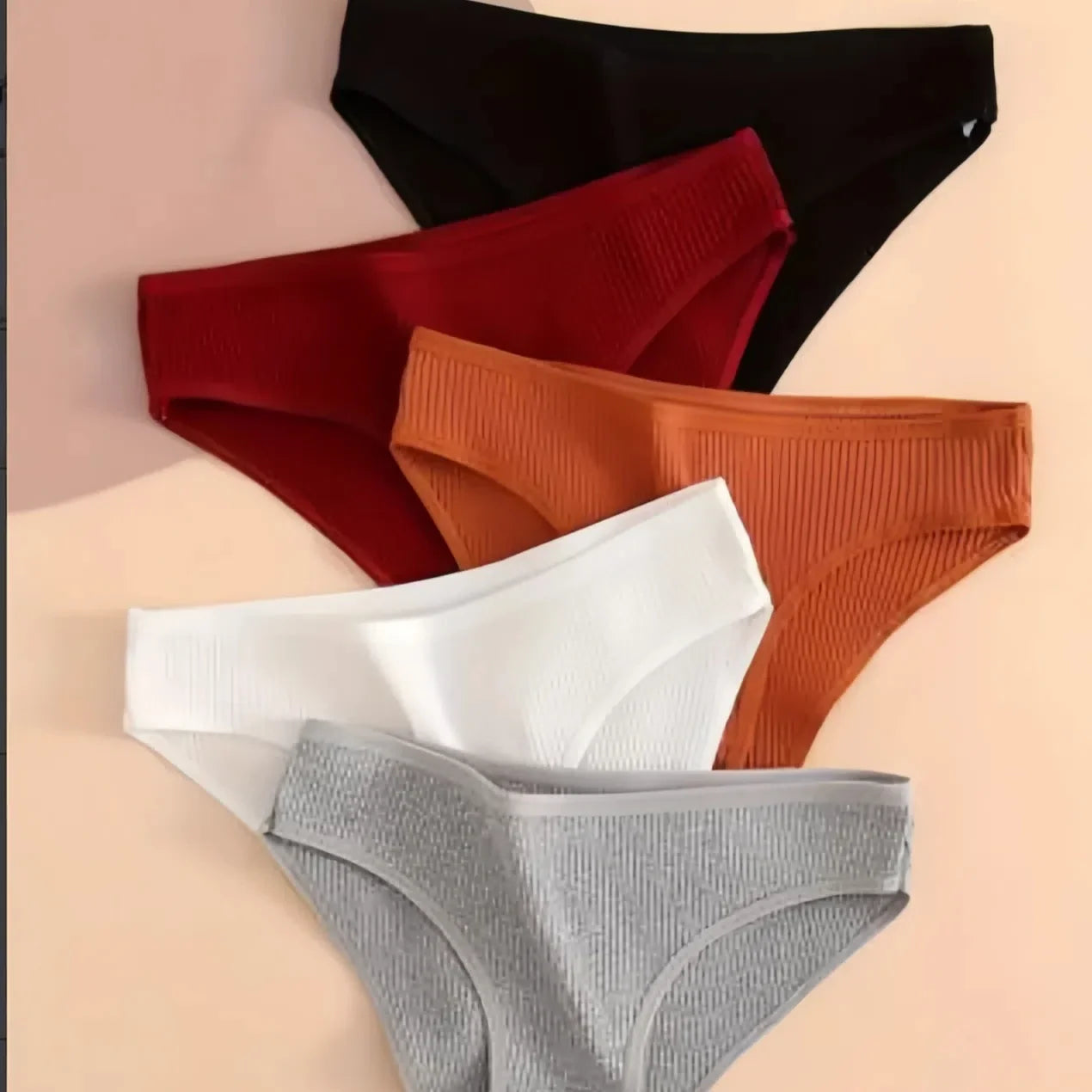 5pcs Solid Ribbed Briefs, Comfy & Breathable Stretchy Intimates Panties, Women's Lingerie & Underwear