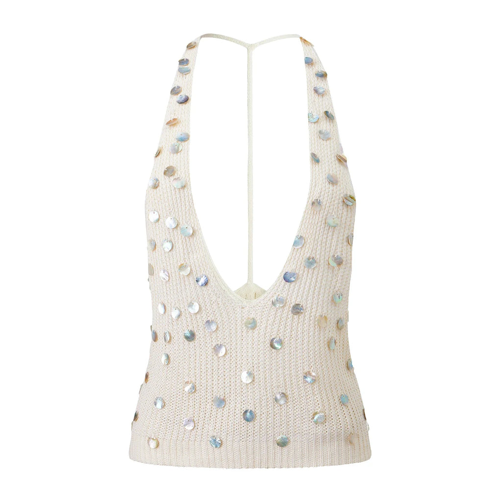 Women Summer Sleeveless Open Back Knit Sequins Tank Tops Solid Color Holiday Beach Halter Neck Vest