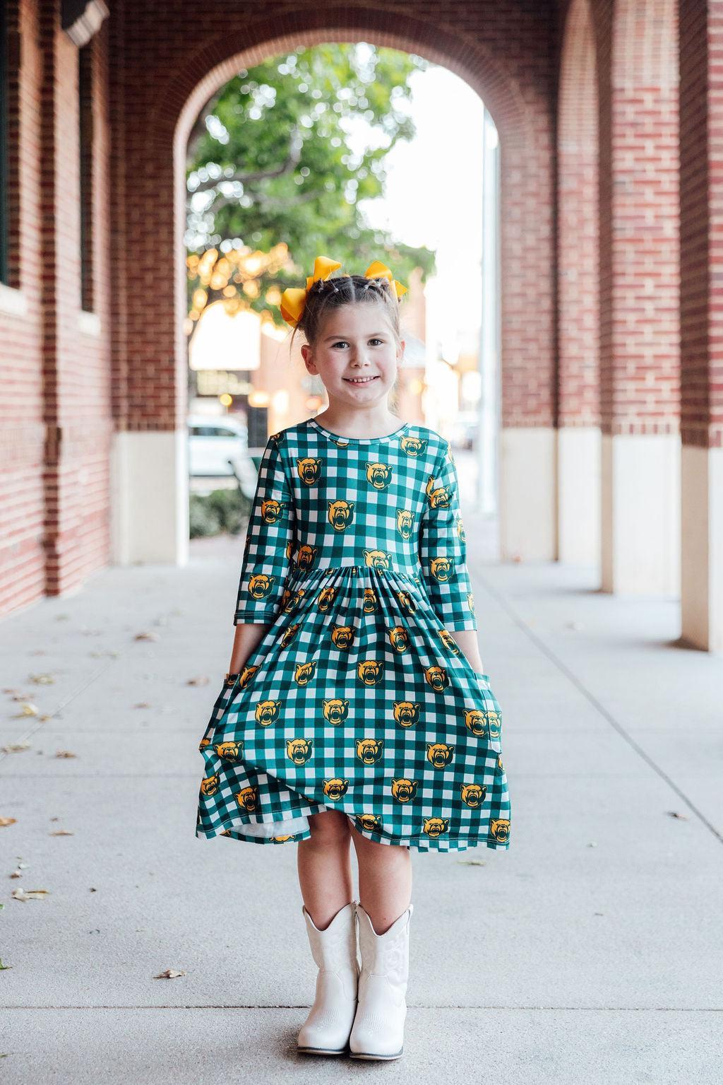Baylor Plaid Bear 3/4 Sleeve Pocket Twirl Dress
