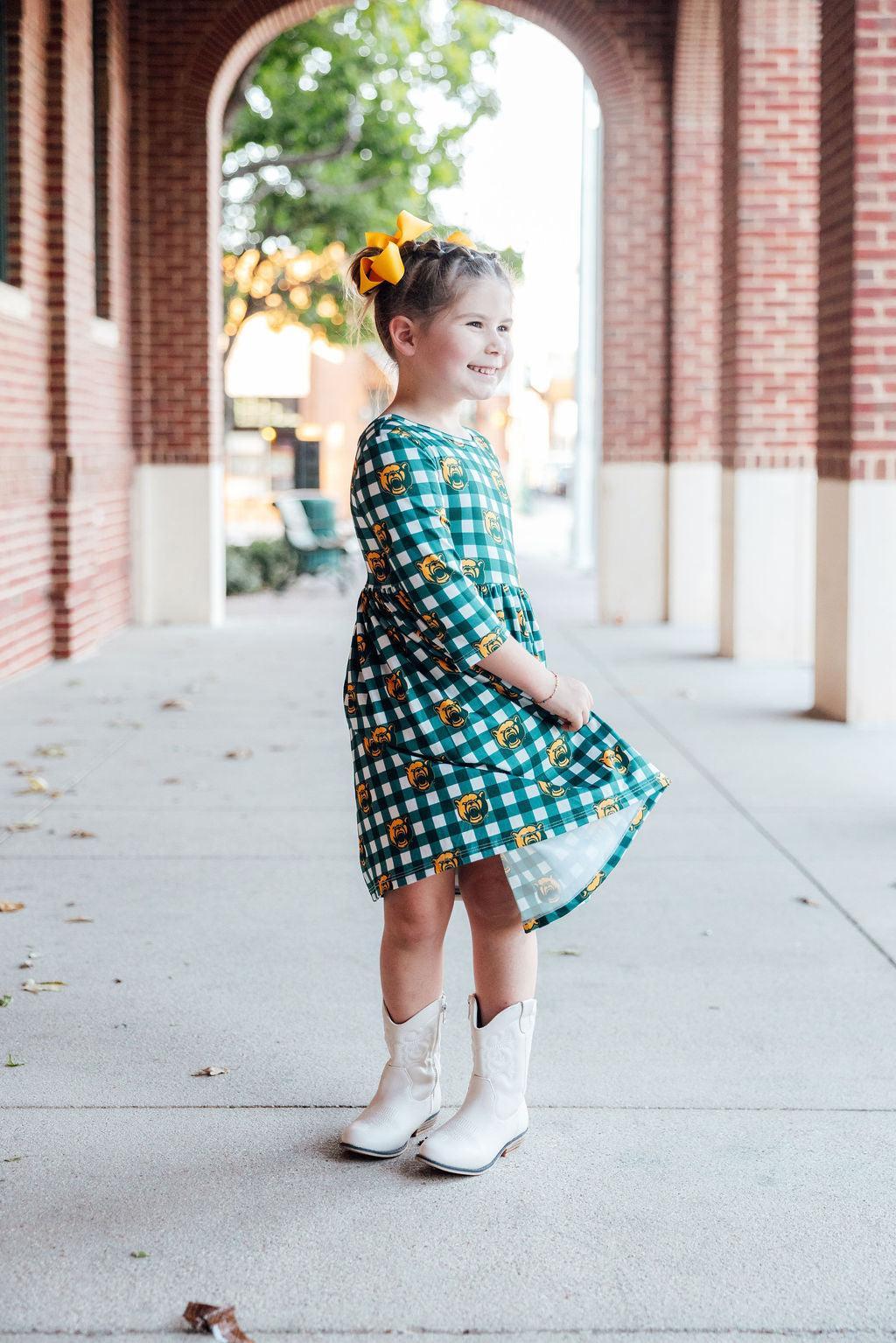 Baylor Plaid Bear 3/4 Sleeve Pocket Twirl Dress