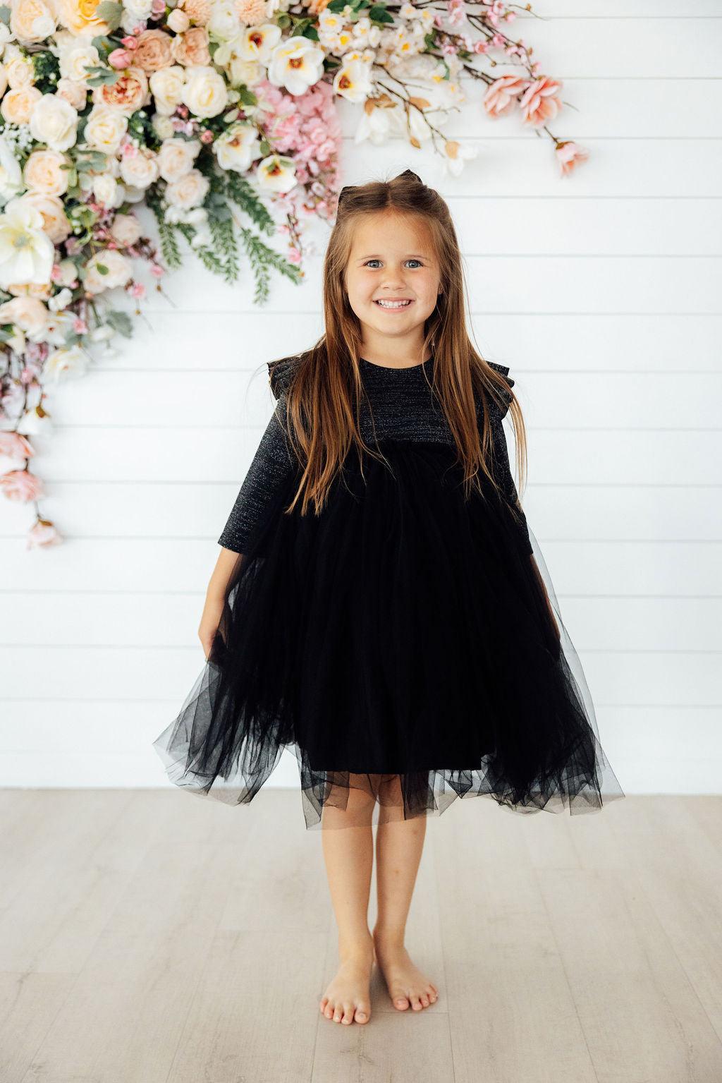 Black Shimmer 3/4 Sleeve Tutu Dress