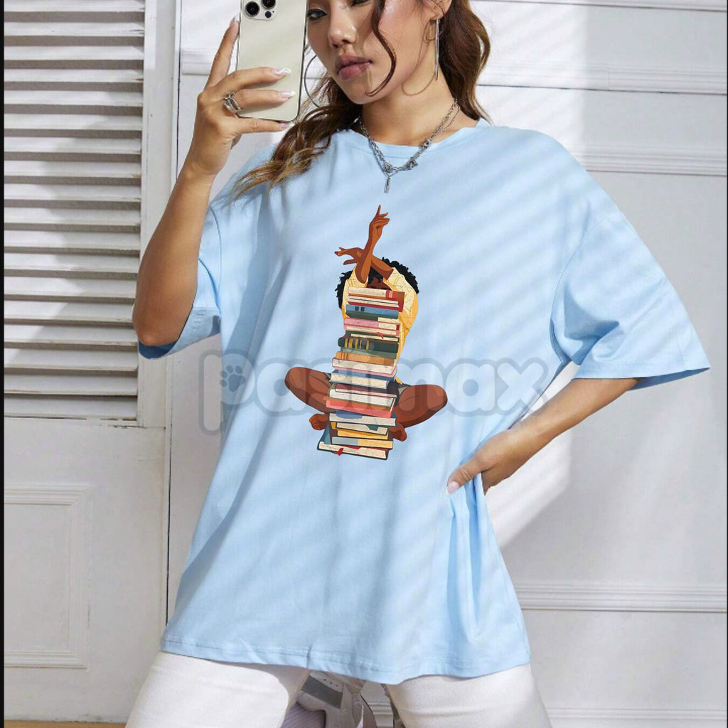 Black Woman and Books Stack T-Shirt - Afro Girl Book Lover Graphic Tee, Literary Culture Apparel, Unisex Black History