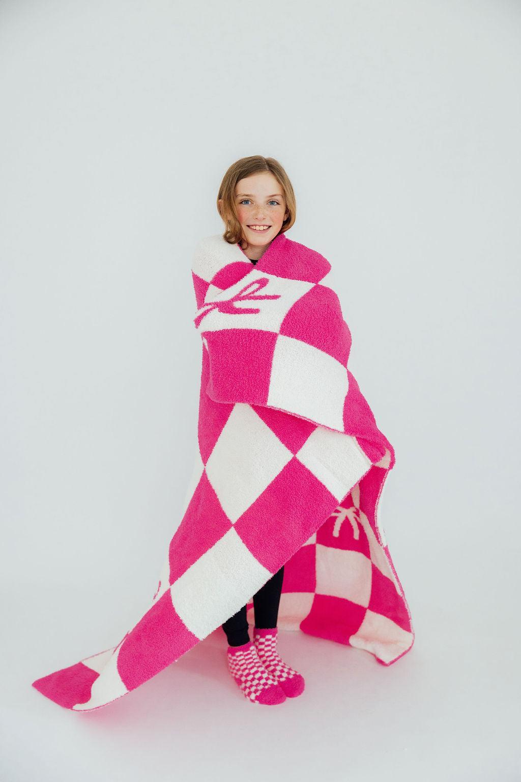 Bright Pink Checker Bow Cozy Blanket
