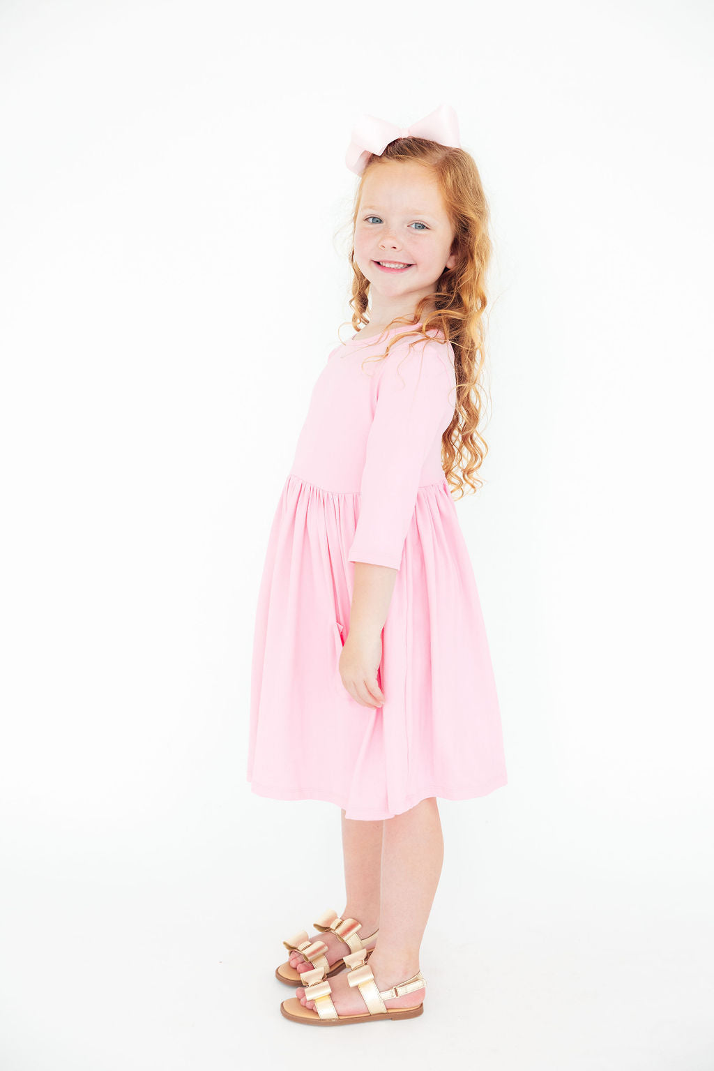 Bubblegum Pink 3/4 Sleeve Pocket Twirl Dress