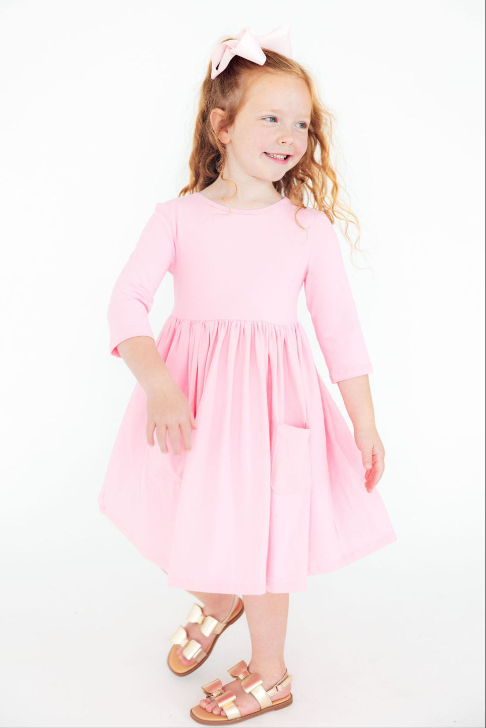 Bubblegum Pink 3/4 Sleeve Pocket Twirl Dress