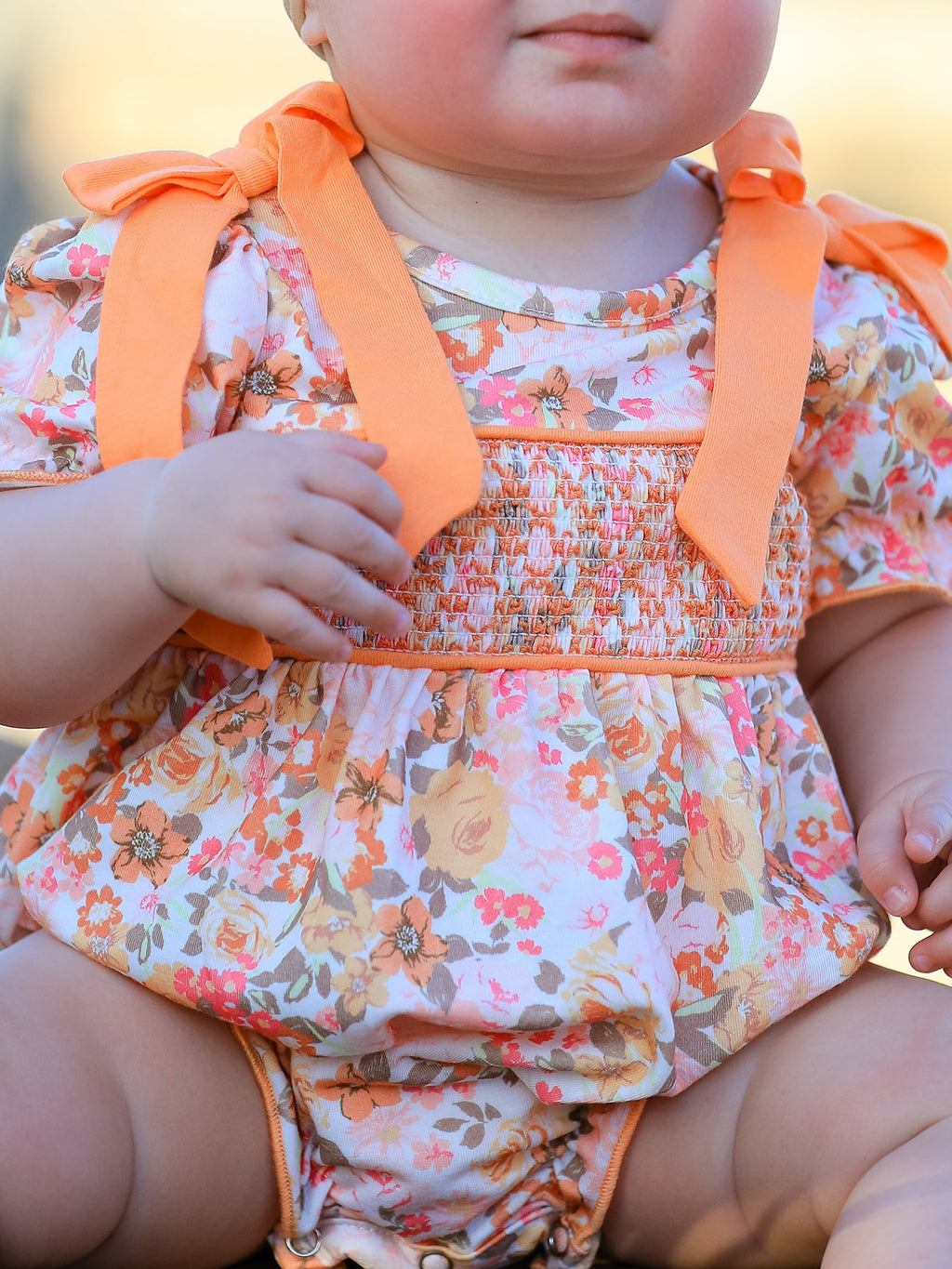 Peach Bow Smocked Floral Baby Bubble