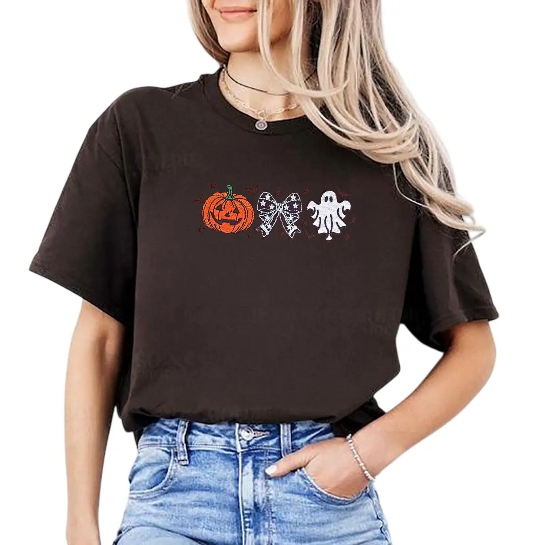 Cutesy Spooky Bows T-Shirt – Embroidered, Relaxed Fit Tee with Ghost & Spiderweb Design