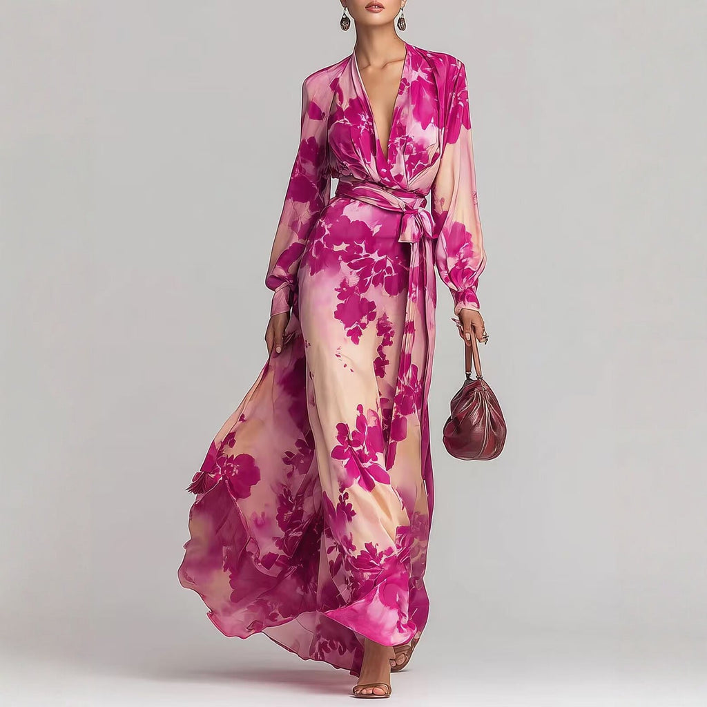 Women's Printed Chiffon Long Sleeve V-Neck Tie-Up Maxi Dress — Floral Fairy Dress