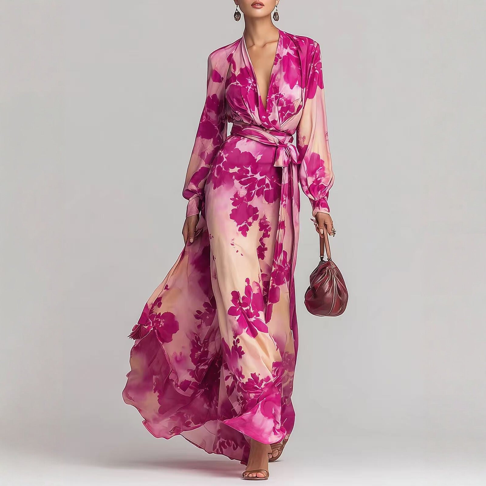 Women's Printed Chiffon Long Sleeve V-Neck Tie-Up Maxi Dress — Floral Fairy Dress