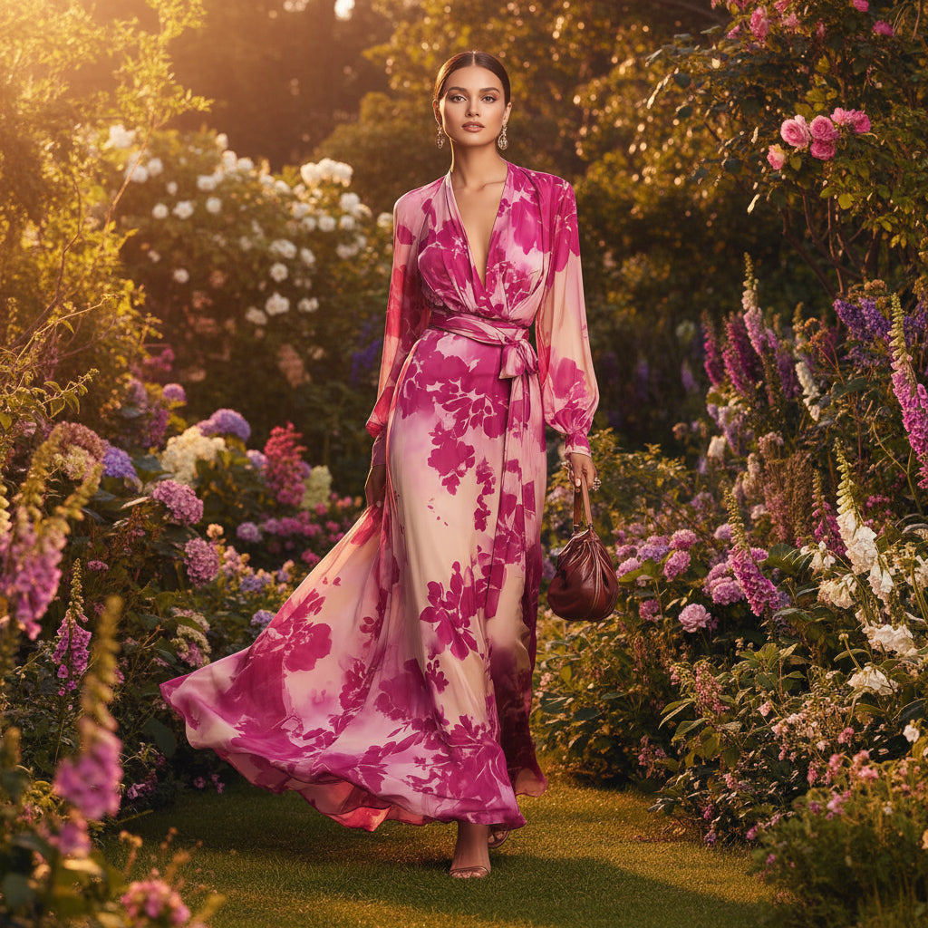 Women's Printed Chiffon Long Sleeve V-Neck Tie-Up Maxi Dress — Floral Fairy Dress