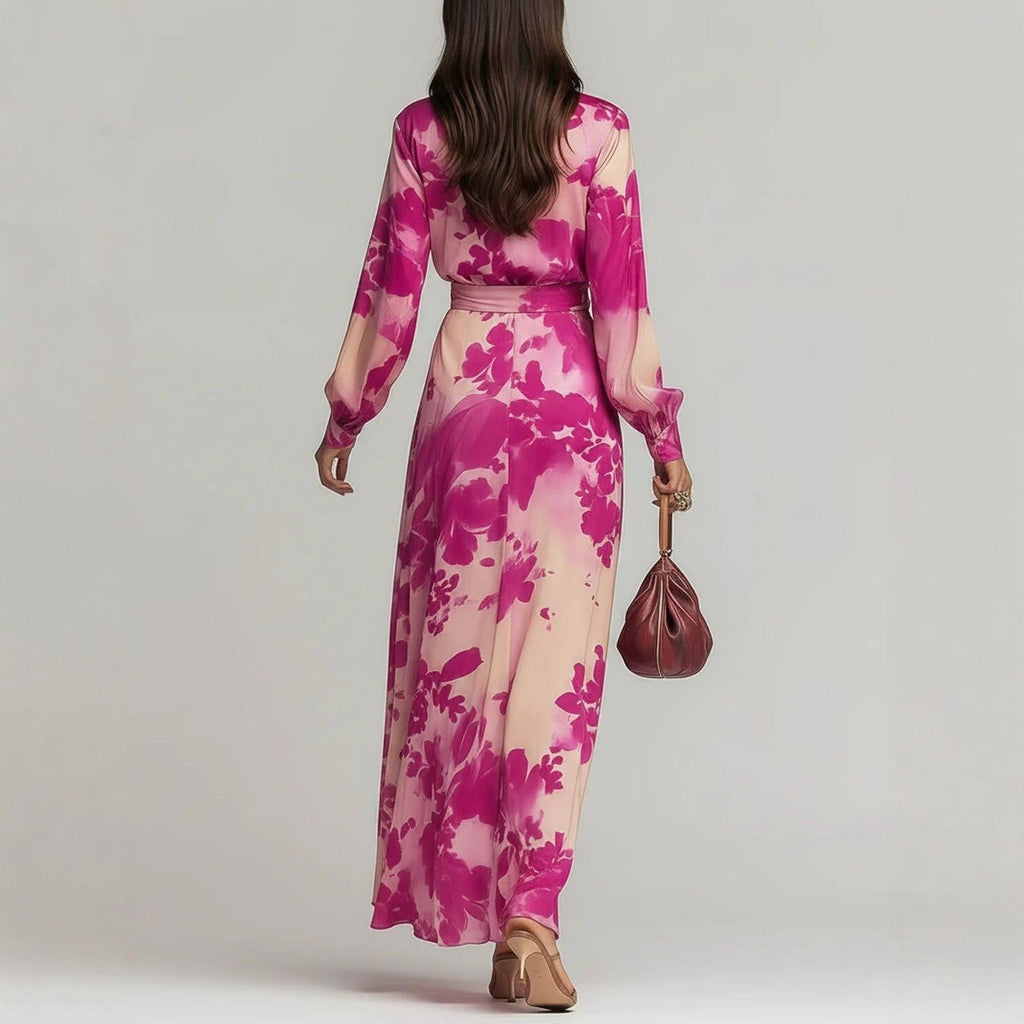 Women's Printed Chiffon Long Sleeve V-Neck Tie-Up Maxi Dress — Floral Fairy Dress