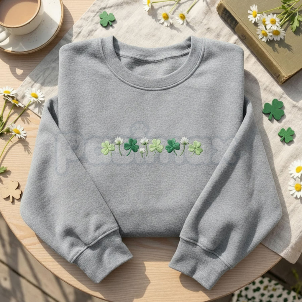 Embroidered Shamrock Meadow Crewneck – St. Patrick’s Day Lucky Four-Leaf Flower Sweatshirt