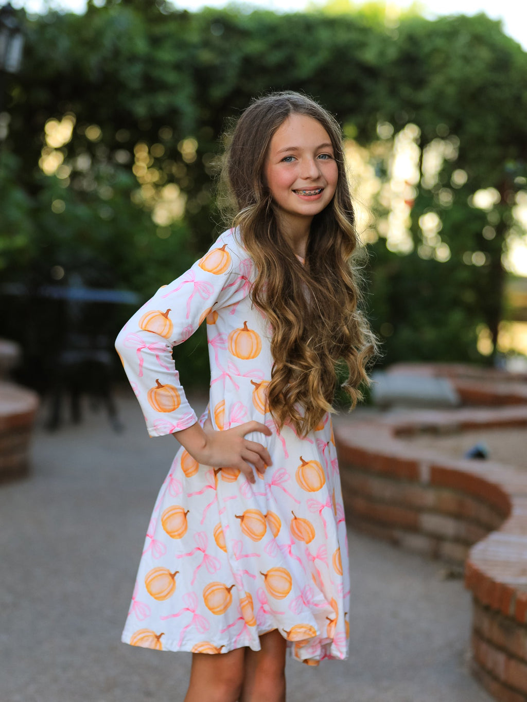 Fall Halloween & Thanksgiving Pumpkin Bow Print Long Sleeve Dress