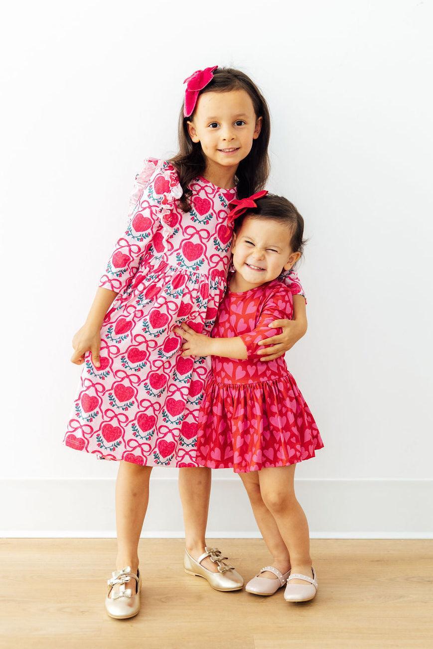 Fluttering Hearts 3/4 Sleeve Ruffle Twirl Dress
