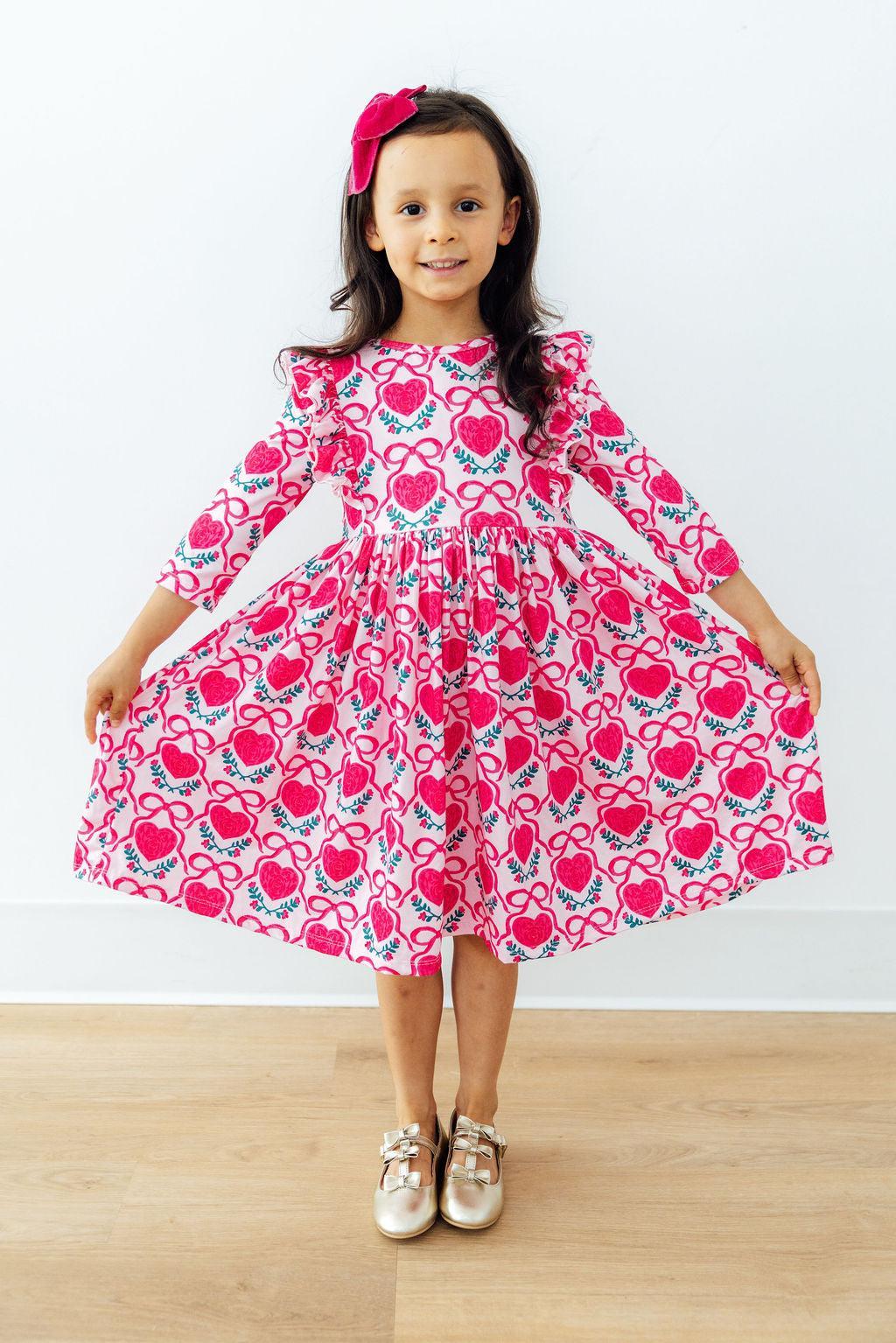 Fluttering Hearts 3/4 Sleeve Ruffle Twirl Dress