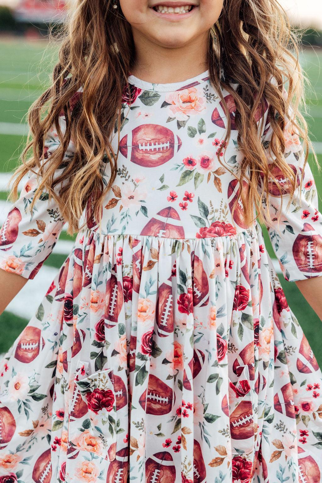 Footballs & Flowers 3/4 Sleeve Pocket Twirl Dress