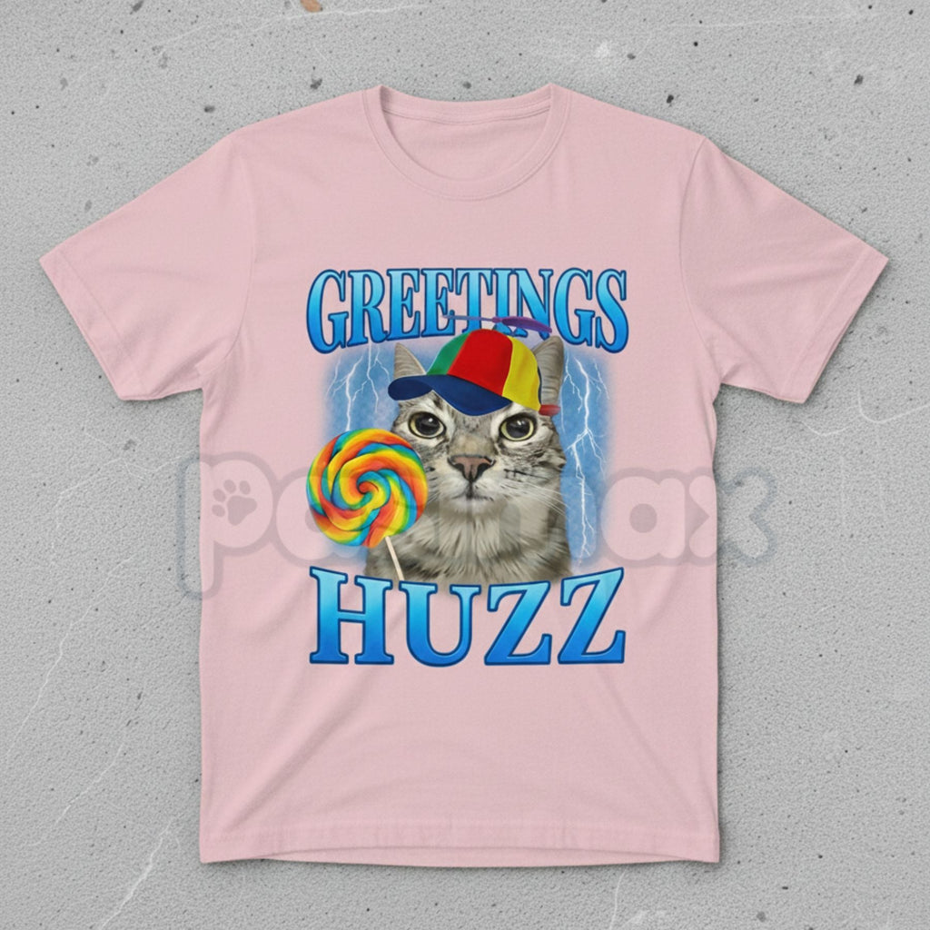 "Greetings Huzz" Lollipop Cat Meme T-Shirt - Funny Silly Brainrot Cat Tee, Viral Internet Humor Graphic Shirt, Ironic Gen Alpha Slang Fan Gift