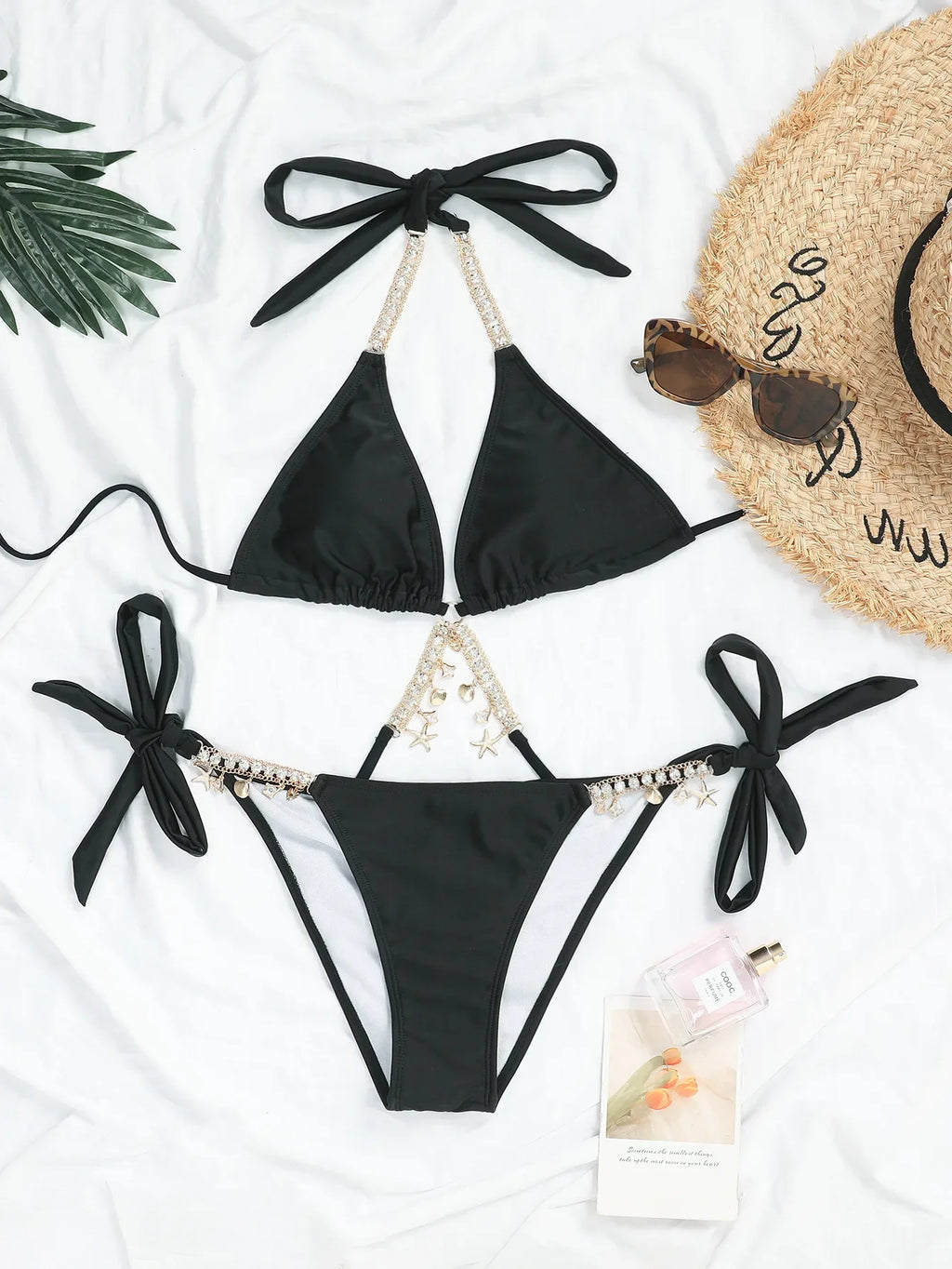 Sexy Luxury Bikini 2026 Women Crystal Rhinestones Push Up Micro Swimsuit Neon Orange Metal Chain Diamond High Cut Thong Swimwear