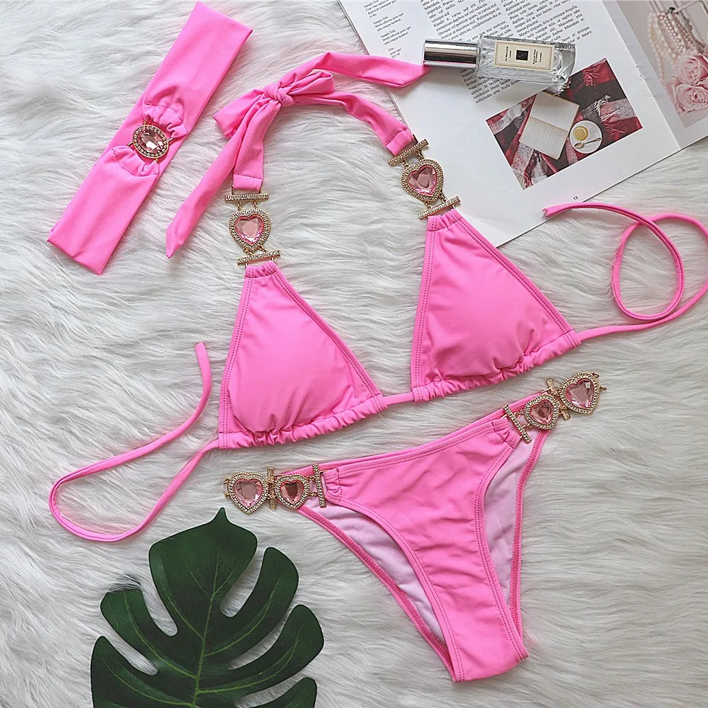 Sexy Rhinestones Bikini Set 2025 Women Red Pink Glitter Diamond Metal Chain Thong Swimwear Bathing Suit Band 3 Piece Swimsuit