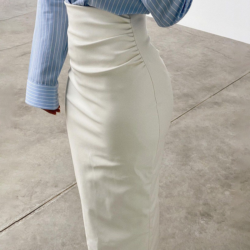 Women Autumn Sexy High Waist Bodycon Skirt Fashion Adults Slim-fit Solid Color Slit Leather Long Skirt Black/White