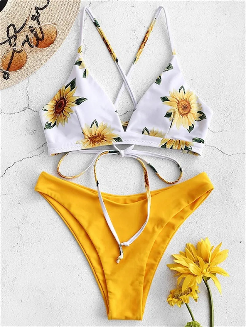 Sunflower Printed Bikini Set Sexy Swimwear Women 2021 Mujer Push Up Padded Biquini Bathers Bandage Bathing Suit Swimsuit Bikini