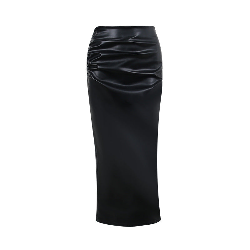 Women Autumn Sexy High Waist Bodycon Skirt Fashion Adults Slim-fit Solid Color Slit Leather Long Skirt Black/White
