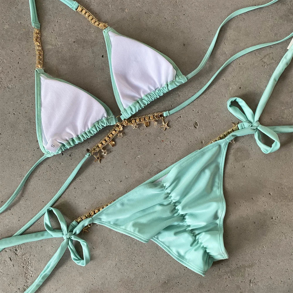 Sexy Luxury Bikini 2026 Women Crystal Rhinestones Push Up Micro Swimsuit Neon Orange Metal Chain Diamond High Cut Thong Swimwear